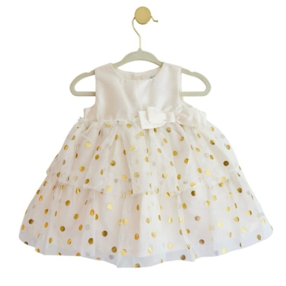 Carter's Baby Girl 3 - 6 Months Formal Ivory Dress w/Gold Polka Dots - Like New - Picture 1 of 5